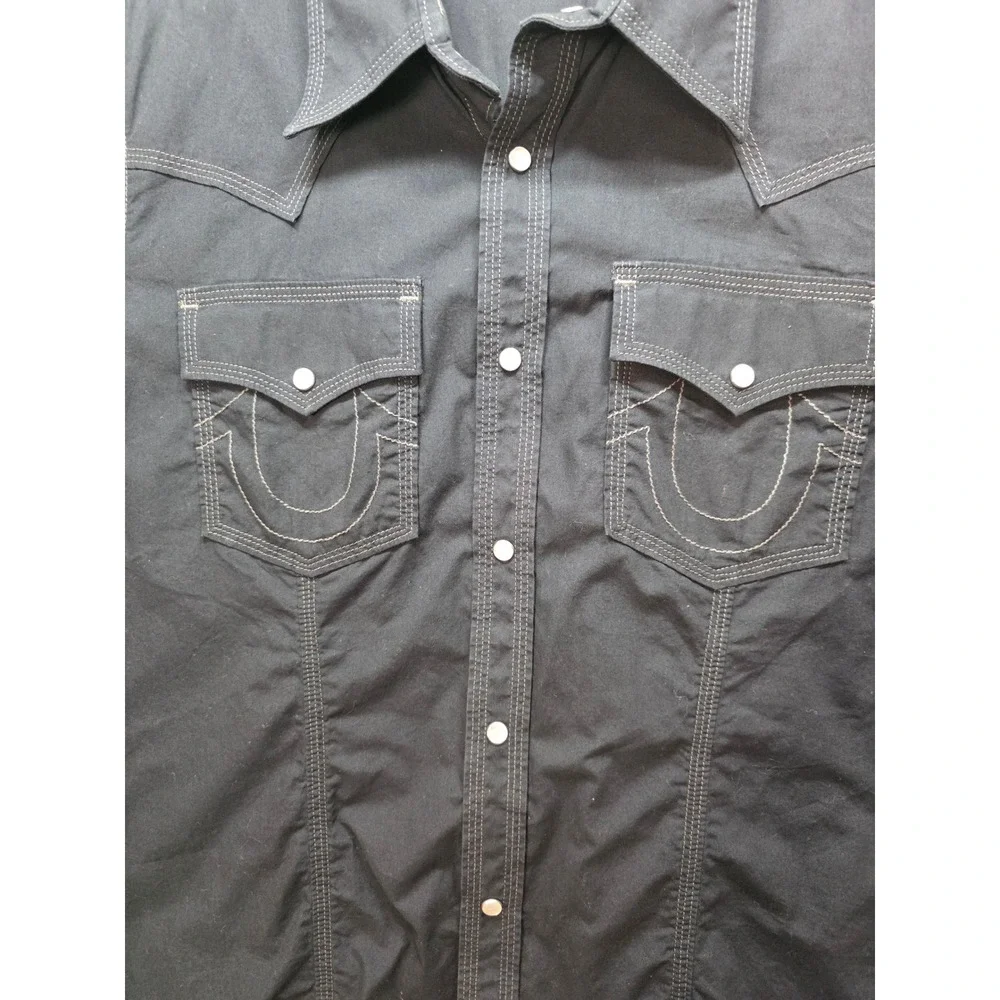 True Religion Western Shirt Mens XL Black Excellent Pearl Snap Big T Shirt